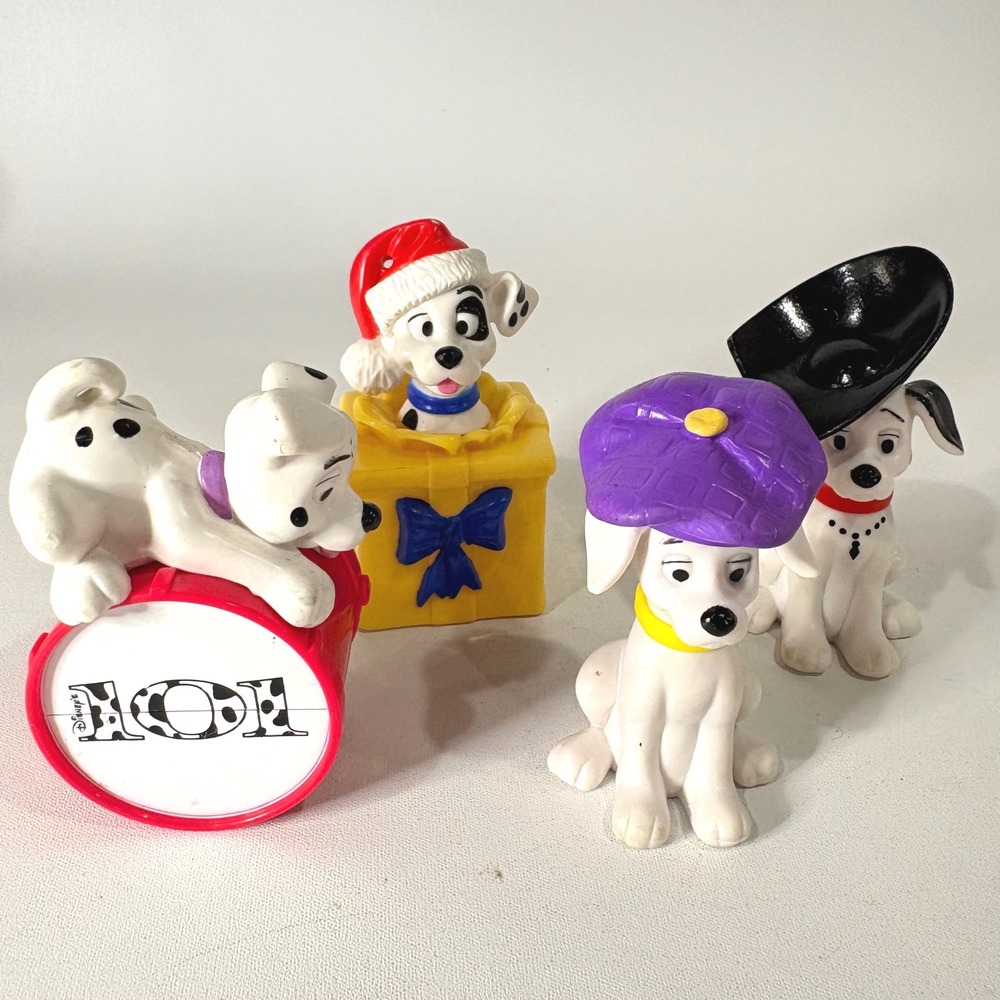 Vintage Disney 101 Dalmatians PVC Figure Lot 4pc Puppies Santa Hat Pirate Drum